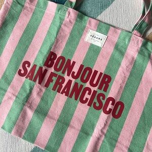 Sézane - Bonjour San Francisco Pink and Green Striped Tote Bag